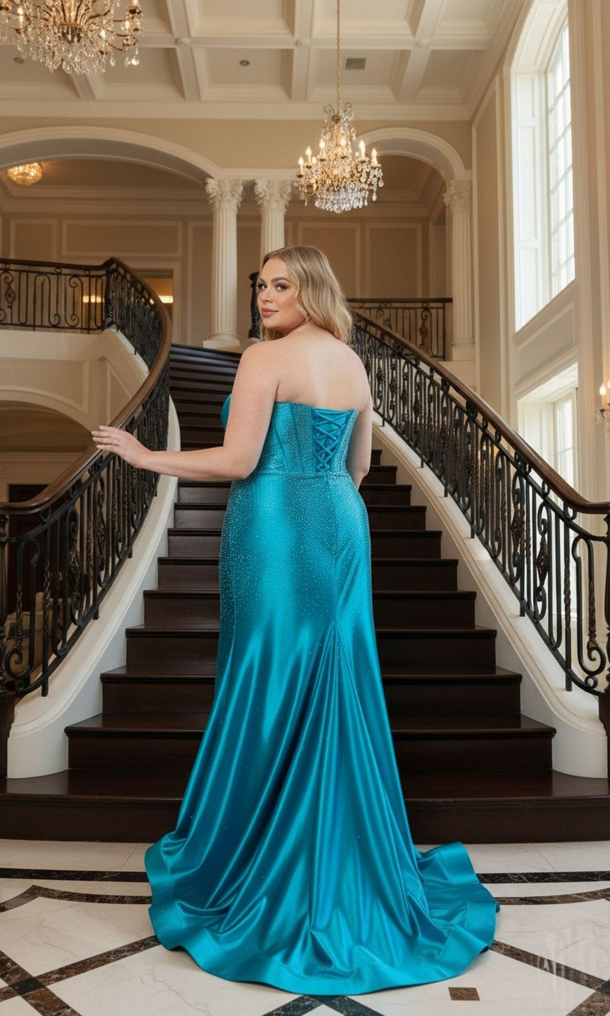 Wearing the Long Plus-Size Prom Dress Poly USA W1232, a woman in a strapless turquoise satin gown with rhinestone accents poses on a grand staircase beneath sparkling chandeliers, glancing gracefully over her shoulder.